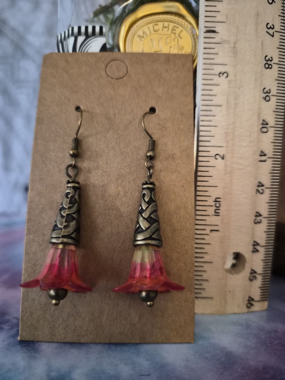 Antique Brass Floral Drop Earrings with Pink Lucite Petals